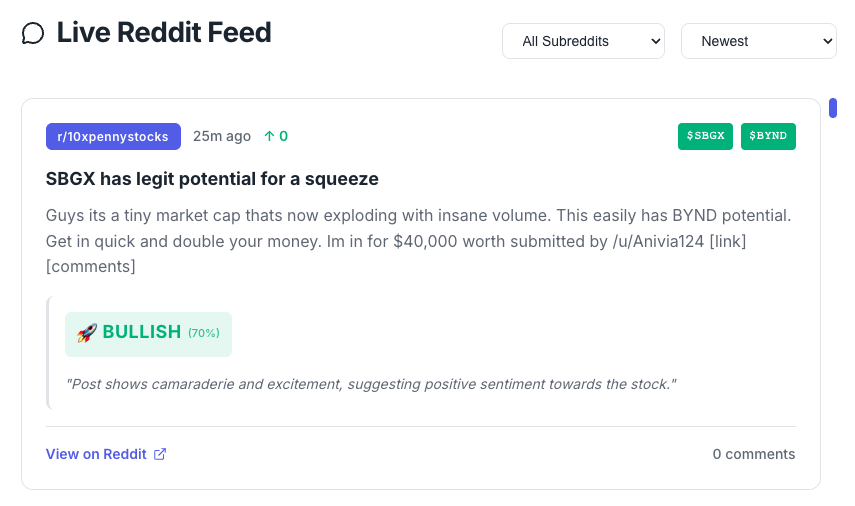 Live Reddit feed with AI sentiment analysis